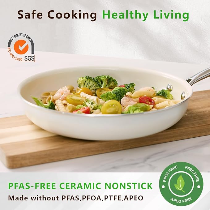 SAKAMOSH 8" Nonstick Ceramic Frying Pan, Small Pan Non Toxic, White | PTFE & PFAS & PFOA Free Ceramic Coating, Dishwasher/Oven Safe, Induction Compatible, suitable for all stovetops