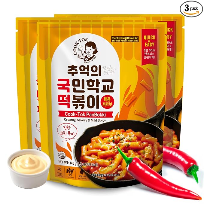 Korean Food Tteokbokki, Spicy Carbonara, Rice Cake & Sauce Kit, 3 Pack Set | Complete Korean rice cake kit with spicy carbonara sauce, ready in minutes