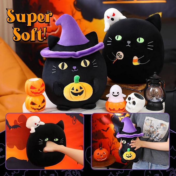 Halloween Pumpkin Cat Plush Toy, Black Cat with Pumpkin and Witch Hat for Home Decor, Halloween Party Gifts for Kid (Pumpkin Cat, 10 Inch)