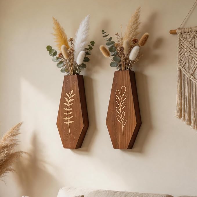 Wood Wall Planter 2 Pack, Modern Farmhouse Wall Decor Mounted Wooden Vase Set, Hanging Planter for Indoor Plants, Boho Wall Decor for Living Room, Entryway, Hallway, Bathroom (Brown)