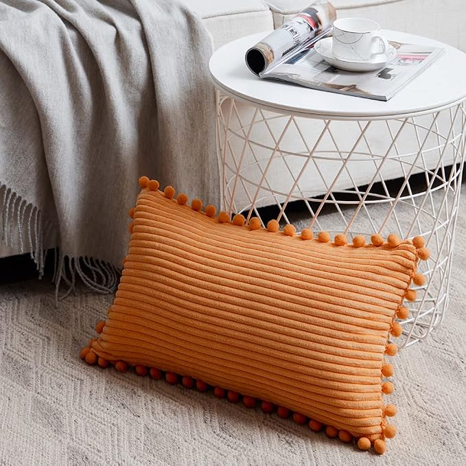 Fancy Homi Pack of 2 Fall Lumbar Decorative Throw Pillow Covers with Pom-poms, Soft Corduroy Solid Rectangle Cushion Cases for Couch Sofa Bed Living Room, Fall Home Decor (12x24 Inch/30x60 cm, Orange)