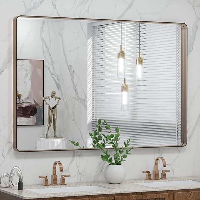 LOAAO 48"X32" Bronze Bathroom Mirror | Rounded Rectangle, Brushed Bronze Metal Frame, Anti-Rust, Tempered Glass, Hangs Horizontally or Vertically