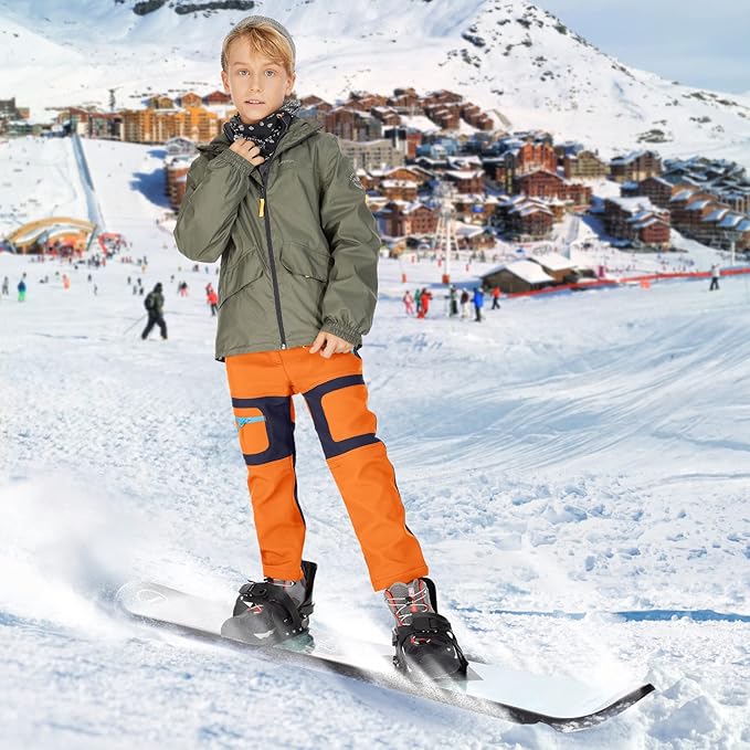 linlon Kids Boy's Snow Waterproof Pants Youth Fleece Lind Hiking Softshell Warm Insulated Trousers