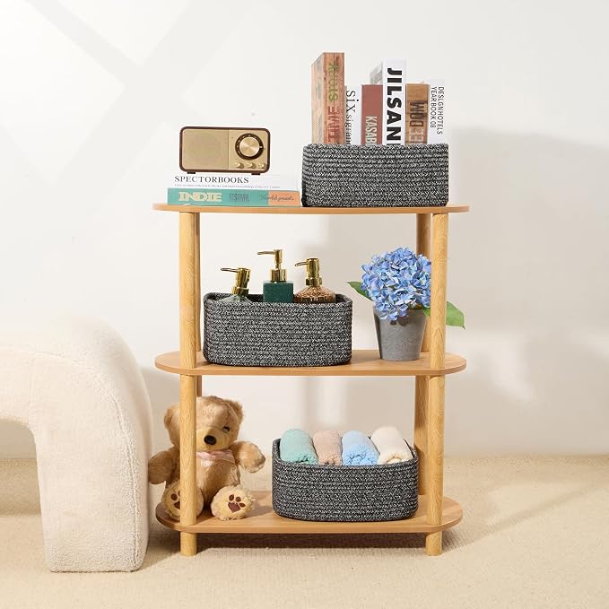MiniArk Small Storage Baskets for Organizing | Closet Organizer Bins | Shelf Toy Basket | Woven Rope Baskets | Cube Decorative Box | Shallow Basket | 11.5x7.5x4.7” | 3 Packs Dark Gray