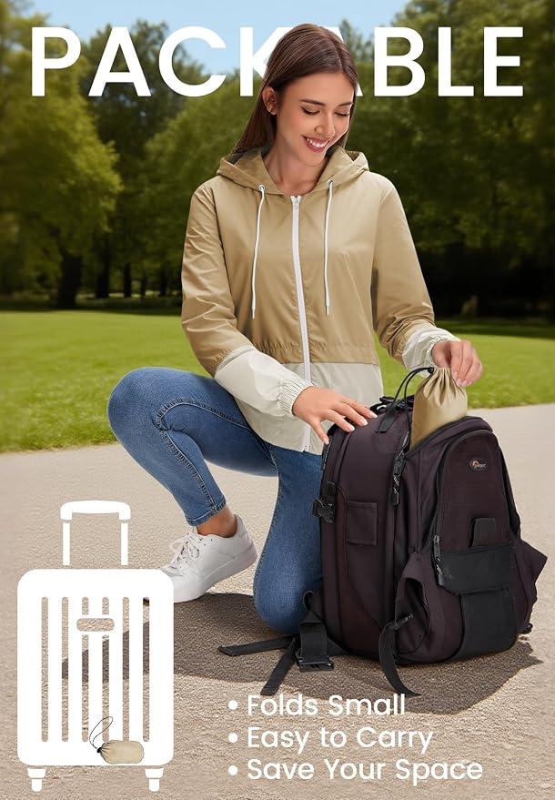 Zando Lightweight Rain Jacket Women Packable Waterproof Raincoat with Hood | Windbreaker Jacket Women, Light Raincoats for Drizzle, Rain Coats for Travel, Hiking and Commute