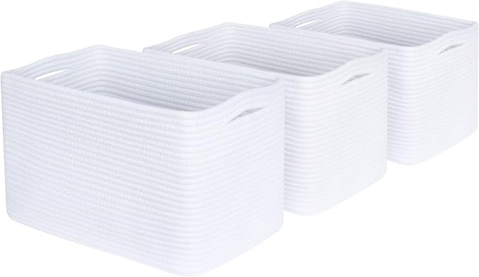 3-Pack Decorative Woven Storage Baskets for Shelves, Cube Bin Box for Organizing Books, Shoes, Dog Toys, Pantry Closet and Living Room Organizer, Full White