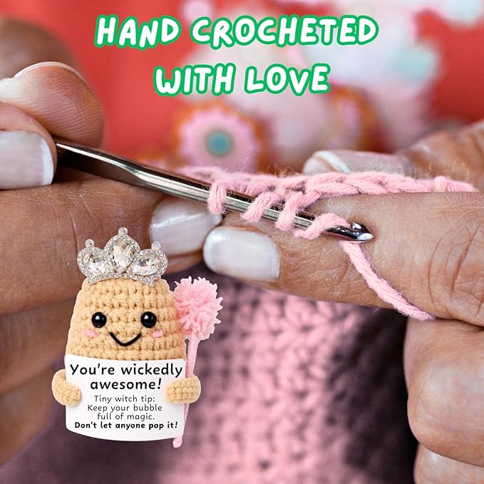 M.O.Q. Mini Funny Pink Witch Birthday Crochet Ideas Gifts for Women Her Him Ages 14+, Small Cute Stuff Things, Handmade Emotional Positive Crochet Witch Decor