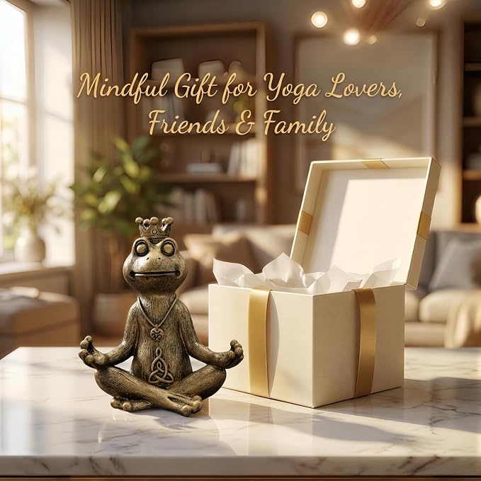 Meditating Zen Frog Statue Decor with Bonus Om Necklace - 5.8" Hand-Painted Resin Figurine - Yoga Room, Office Desk & Shelf Ornaments - Mindful Spiritual Gift for Women & Yoga Lovers（Gold）