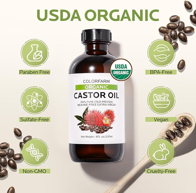 Cold Pressed Organic Castor Oil: Nourishing Treatment for Hair and Skin - 100% Pure and Natural Unrefined Hexane-Free Glass Bottle 8Fl Oz