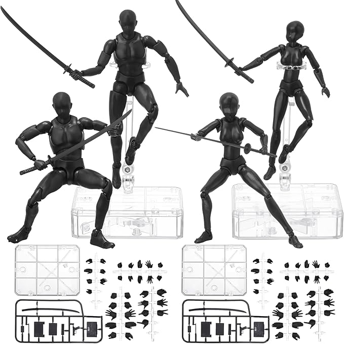 Meooeck 4 Sets Action Figures PVC Body Artists Model posable Drawing Mannequin for Painting, Sketching, Collection Gifts, Home Office Desk Decoration(Black)