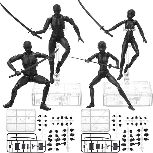 Meooeck 4 Sets Action Figures PVC Body Artists Model posable Drawing Mannequin for Painting, Sketching, Collection Gifts, Home Office Desk Decoration(Black)