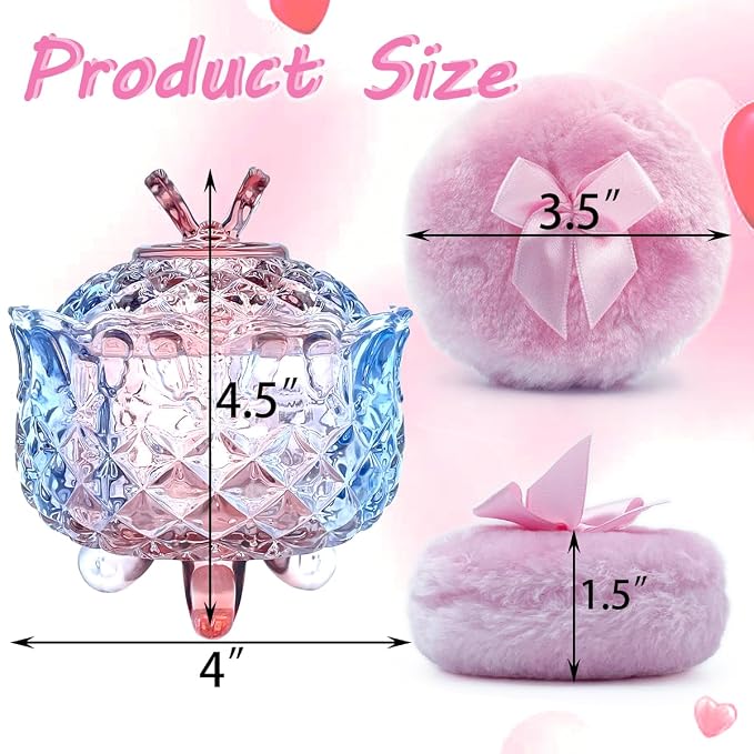 4" Glass Dusting Powder Container with 2 Fluffy Puffs,Cute 3.5" Soft Body Powder Puff and Jar Set(Butterfly-colorful purple)