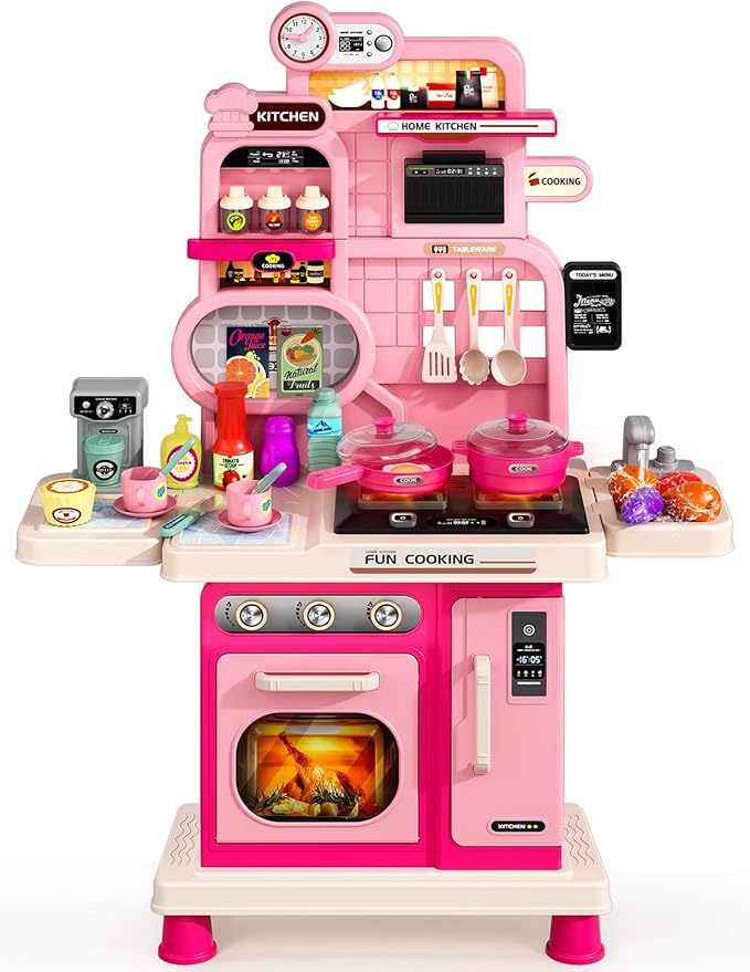 Kids Kitchen Playset, Toddler Play Kitchen Set Toys with Sound & Light, Cooking Stove, Play Sink, Play Food Kitchen Accessories, Pretend Kitchen Toy for Kids Toddlers Girls Ages (Pink)