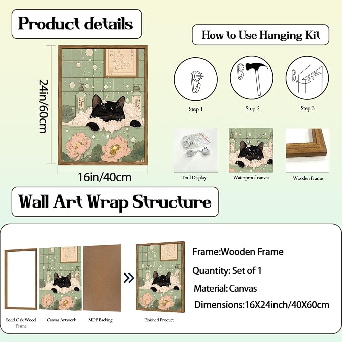Funny Japanese Black Cat Bathroom Wall Art, Cute Black Cat in Bathtub Wall Decor Picture, Whimsical Japan Animal Bathroom Poster Canvas Prints Painting Artwork 16x24 inch Framed
