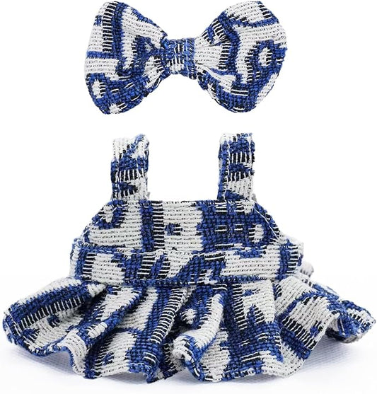 Clothes for 17cm Dolls Premium Dolls Accessories with Chic Grid Bow Spaghetti-Strap Dress Set, High-End Fashion Outfit for Play & Display, Blue
