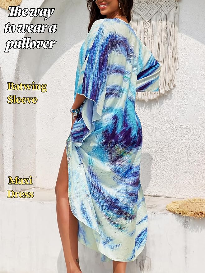 ChiaoLezhee Print Moo-Moos for Women, Kaftan Cover-Up Dresses, Sexy V-Neck High-Slit, Beach Pool-Party Coverups Muumuu Plus