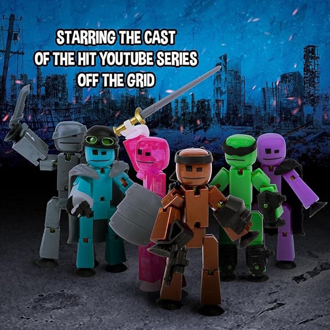 Zing Stikbot Off The Grid Pack - Set of 6 Poseable Action Figures with Weapons and Accessories, Includes Striker, Clint, Pixel, Raptus, Shift and Regalius, Stop Motion Animation, for Ages 4 and Up