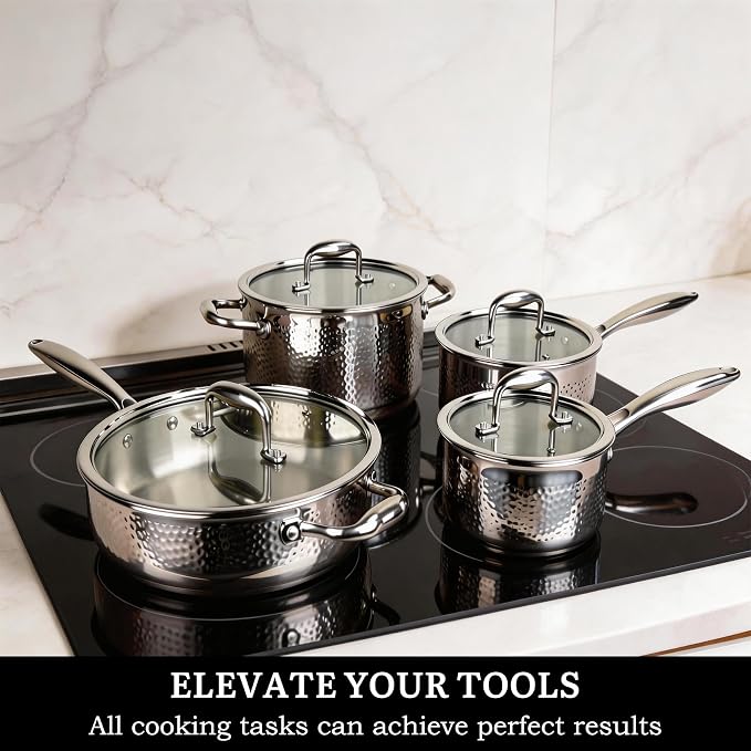 imarku 14-Piece Tri-Ply Hammered Stainless Steel Cookware Set | Multifunctional 14pc Pots and Pans with Steamer | Non-Toxic No-Coating Nonstick | Induction & Oven-Safe up to 500°F