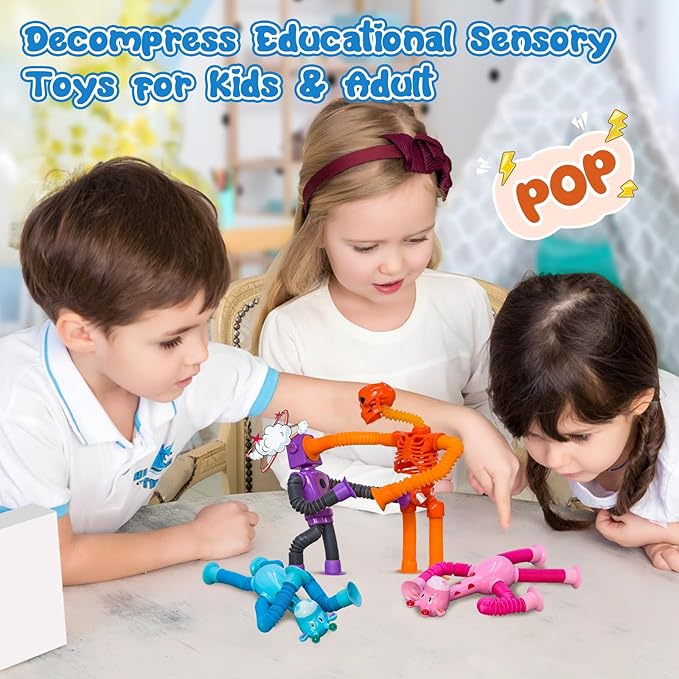 Pop Tubes Skeleton Fidget Toys for Kids, 8Pack Robot Fidget Pop Toys Telescopic Suction Cup Toy for Stress and Anxiety Relief, Stocking Stuffers Gift for Kids and Toddlers (8 Pack Multi-Items)