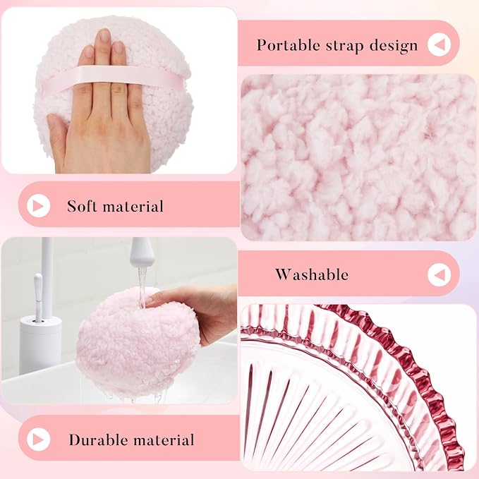 Tioncy 2 Pcs Extra Large Dusting Powder Puff and Container for Women-6'' Glass Crystal Dusting Powder Container with Body Soft Washable Reusable Velour Face(Pink,Classic)