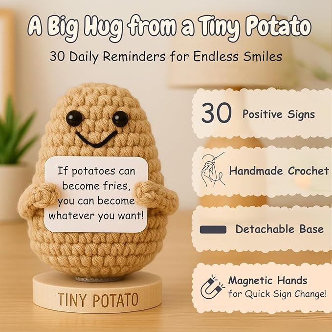Tiny Potato - Handmade Positive Crochet Doll with 30 Uplifting Cards - Friendship Gifts for Women for Birthday, New Job, Cheer Up Emotional Support - Gift for Best Friend, Bestie, Coworkers, BFF