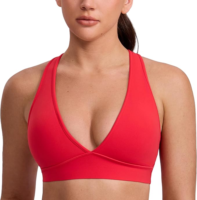 CRZ YOGA Butterlift Deep V Neck Sports Bras for Women - Padded Gym Wide Straps Cut-Out Cross Back Crop Pilates Workout Top