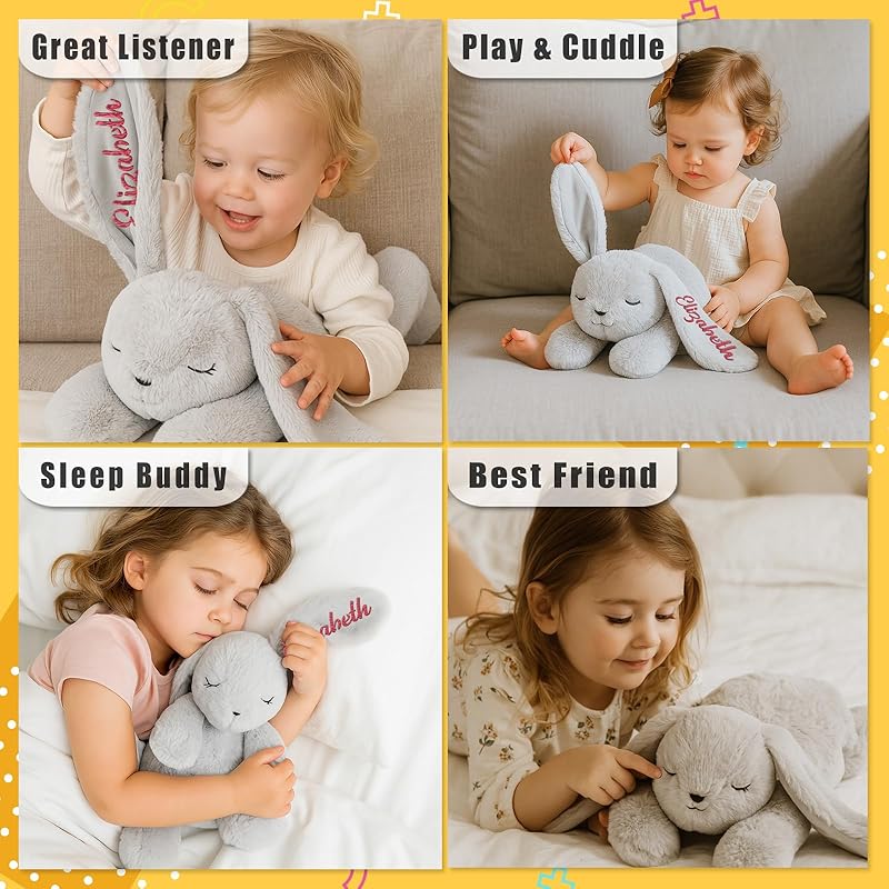 Custom Lying Bunny Plush Embroidered Name Bunny Stuffed Animal, Personalised Rabbit Sleeping Buddy for Baby Birthday Easter Gift for Girls Toddlers Newborn(55CM)