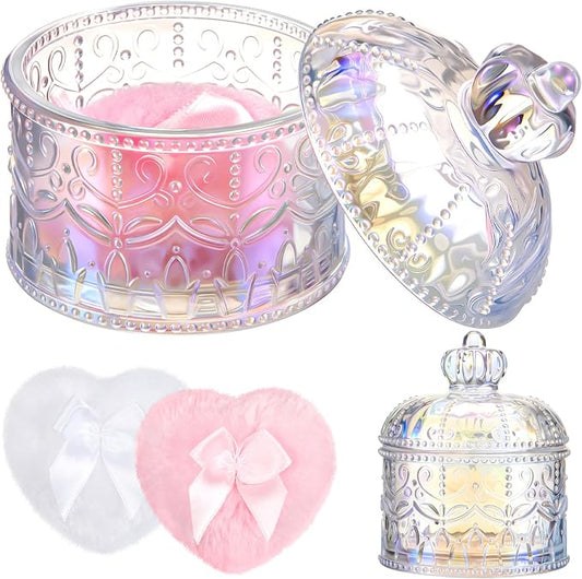 Tioncy 3 Pcs Large Body Powder Puff and Container Valentine's Day gift Powder Container with Puff Crystal Case Soft Washable Reusable Velour Face Body Glitter Wet Dry Makeup(Crown,Glitter)