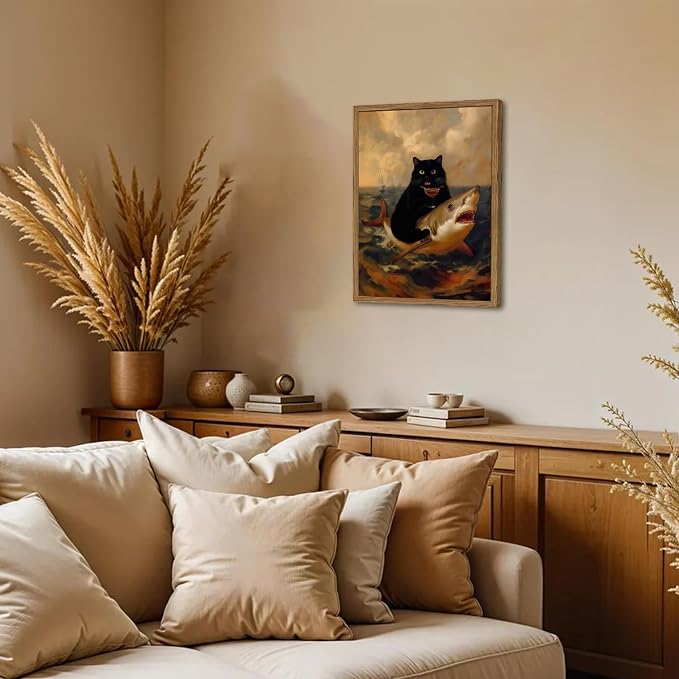 Funny Black Cat Riding Shark Wall Art Whimsical Bar Cart Wall Decor Picture Eclectic Shark Ocean Poster Canvas Painting Prints for Bedroom Living Room 12x16 inch Framed