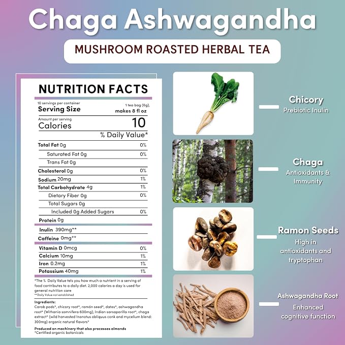 Teeccino Chaga Ashwagandha Tea - Butterscotch Cream - 10 TeaBags - Organic Mushroom Adaptogenic Herbal Tea, 3x More Herbs than Regular Tea Bags, Prebiotic, Caffeine Free, Gluten Free