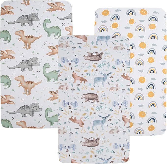 Pack n Play Sheet Stretchy Fitted Portable Mini Crib Sheets Set 3 Pack,Playard Sheets Convertible Playard Mattress Cover,Ultra Soft Jersey Material,Sun/Forest Deer/Dinosaur