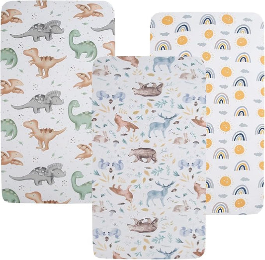 Pack n Play Sheet Stretchy Fitted Portable Mini Crib Sheets Set 3 Pack,Playard Sheets Convertible Playard Mattress Cover,Ultra Soft Jersey Material,Sun/Forest Deer/Dinosaur