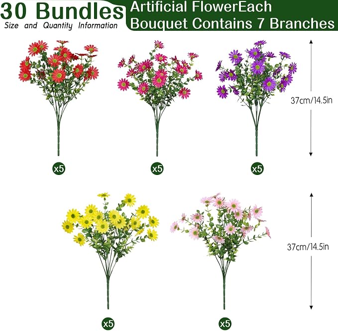Alupssuc 30 Bundles Artificial Daisies Flowers Fake Silk Plant for Indoor Outdoor Decor, UV Resistant No Fade Faux Spring Flowers for Garden, Porch & Patio Decoration,RedRosyPurpleYellowPink