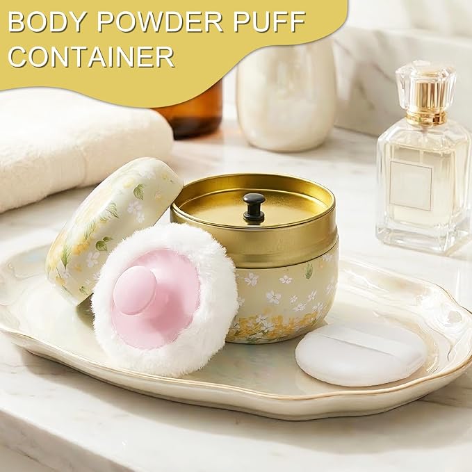 SHIMIDO Body Powder Puff and Container, 3.15" Portable Empty Body Powder Container for Baby Women's Loose Dusting Powder, Powder Case Box with Lids for Bath, Travel and Home Use (Yellow flower)