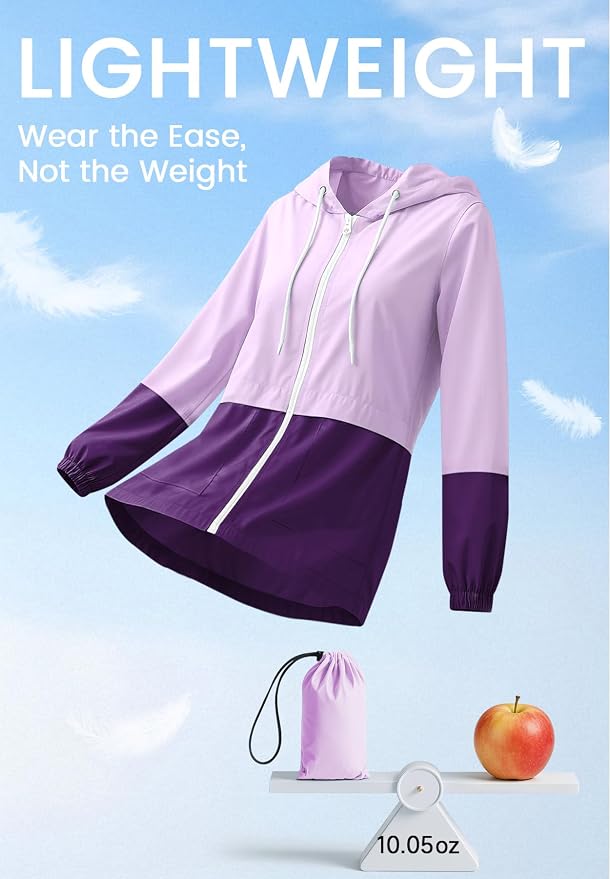 Zando Lightweight Rain Jacket Women Packable Waterproof Raincoat with Hood | Windbreaker Jacket Women, Light Raincoats for Drizzle, Rain Coats for Travel, Hiking and Commute