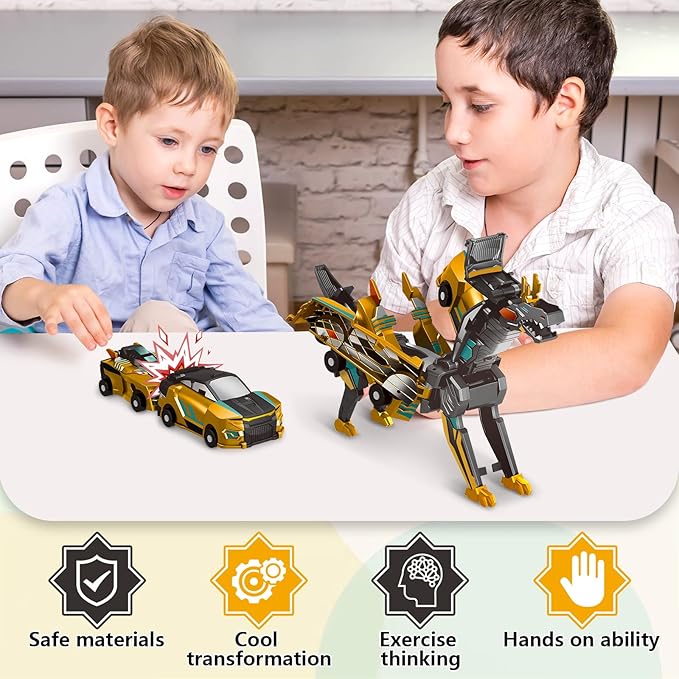 Collision Transforming Dinosaur Car Toy, 2 Magnetic Cars Transform into Dinosaur Toys for Kids Toddler Fun Deformation Robot Dino Car Christmas Birthday Gift Toys for Boys Girl(Golden Dragon)
