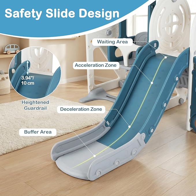 OLAKIDS Toddler Slide and Swing Set, 5 in 1 Bus Themed Baby Slide with Climber Basketball Hoop Car Playhouse for Indoor Outdoor Boys Girls Aged 3+ (Blue)
