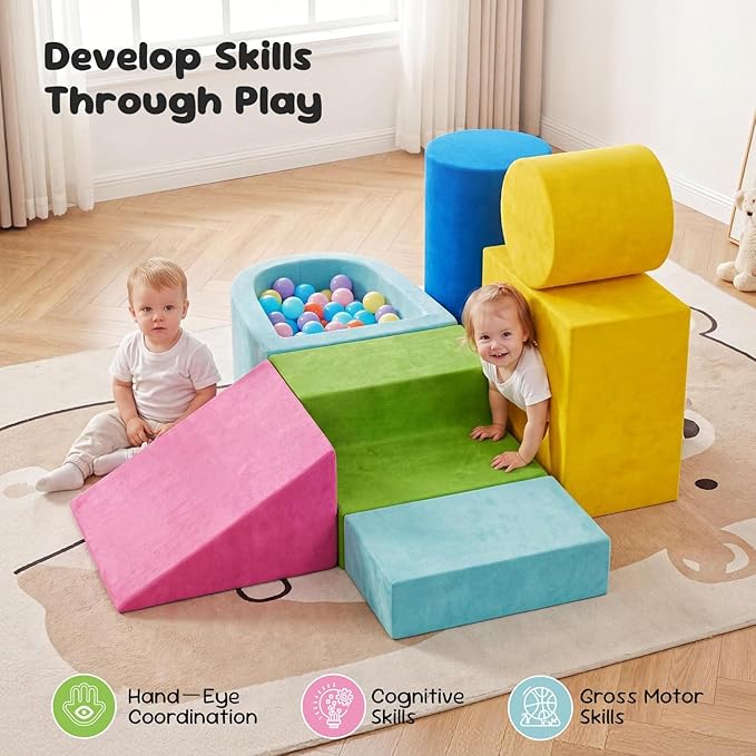 Teckid Toddler Climbing Toys, 7-Piece Colorful Foam Blocks, Indoor Soft Play Gym for Crawling, Climbing and Sliding, Modular Play Set Ages 1-3, No Ball Included