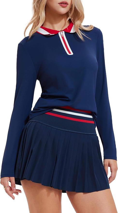 Tennis Skirt Sets for Women Zipper Color Block High Waisted Golf Polo Two Piece Skirt Set Women 2 Piece Outfits