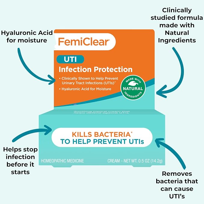 FemiClear UTI Infection Protection Vulva Cream, 0.5 Oz | Helps Protect Against Urinary Tract Infections, Balancing, Moisturizing & Hydrating Care, Natural & Organic Ingredients