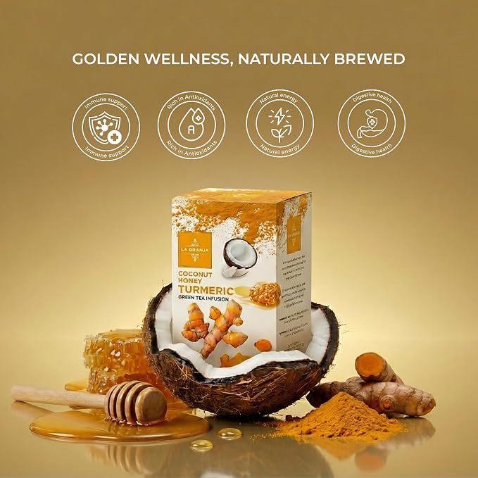 Life Plus Style Gourmet La Granja Coco Honey Green Tea 25 Individually Wrapped Tea Bags Turmeric Chamomile Coconut Honey Flavored Green Tea Refreshing Herbal Infusion Gift for Tea Lovers