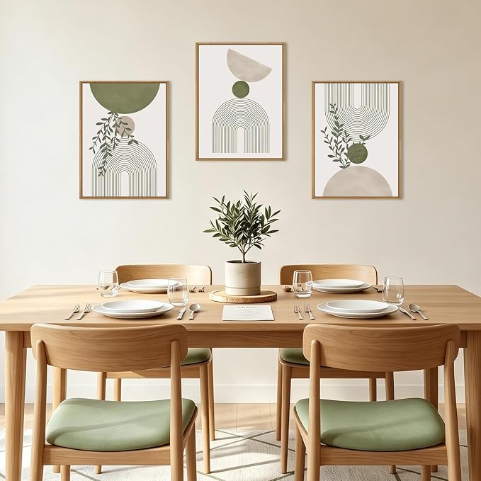ANHUIB Boho Abstract Wall Art Canvas,Sage Green Wall Decor Framed,Geometric Line Art Prints Leaves,Minimalist Artwork Botanical,3 Piece 16x12In Beige Nature Painting for Living Room Bedroom