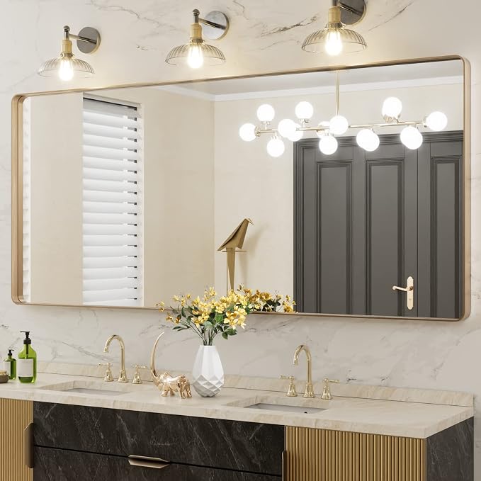 LOAAO 72"X32" Gold Bathroom Mirror | Rounded Rectangle, Brushed Gold Frame, Wall-Mounted, Anti-Rust, Tempered Glass, Hangs Horizontally or Vertically