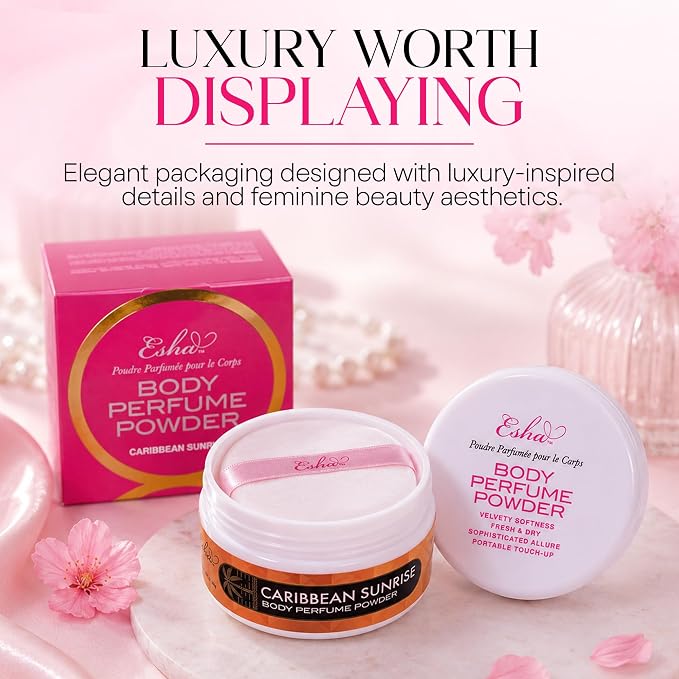 Esha Body Perfume Powder - Fragrance Body Dusting Powder for Women - Long Lasting Silky Lightweight Formula - Helps Absorb Moisture & Oil (Caribbean Sunrise)
