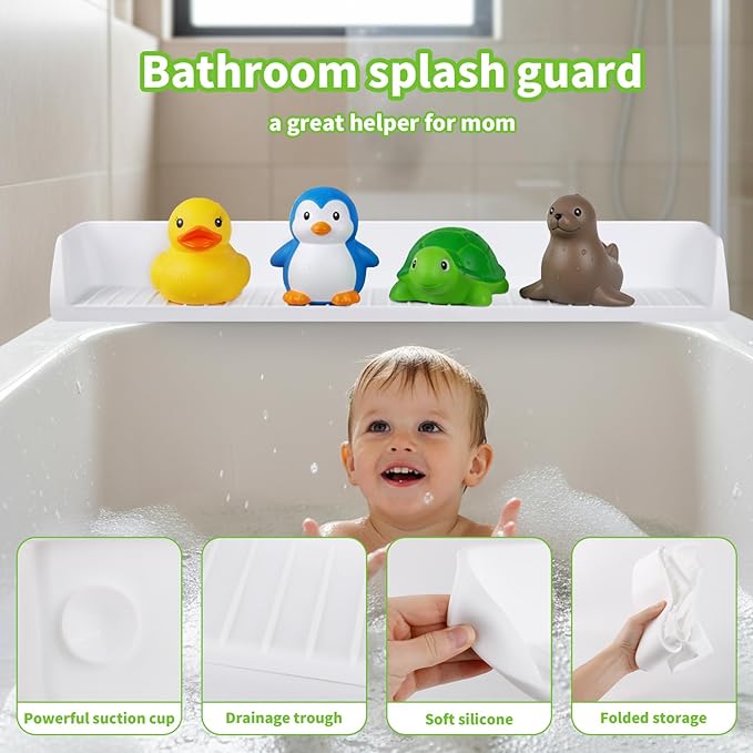 Bathtub Splash Guard for Kids, 2.62Ft Longer Silicone Bathtub Water Guards Play Shelf with 11 Suction Cups, Toy Tray Caddy Holder for Tub,Water Leak & Splash-Proof,Bath Tub Ledge Shelf for Kids, White