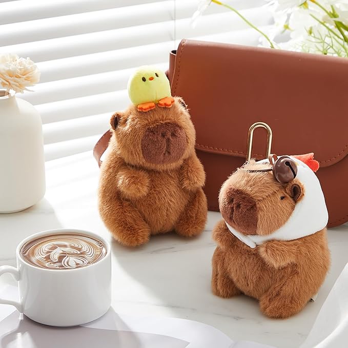 2 Pcs Capybara Plush Keychain Capybara Stuffed Animals Plush Pendant for Christmas Gifts Exchange Birthday Party(White Hat, Duck)