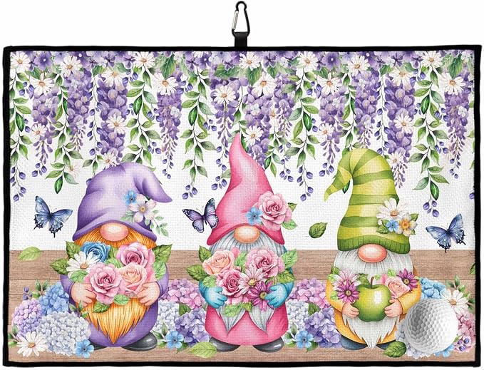 Blue Purple Gnomes Golf Towel with Clip, Spring Country Hydrangea Flower Leaf Large Microfiber Women Men Sports Work Out Disc Golf Bag Towel for Yoga, Gym, Fitness, Swimming Towels Accessory