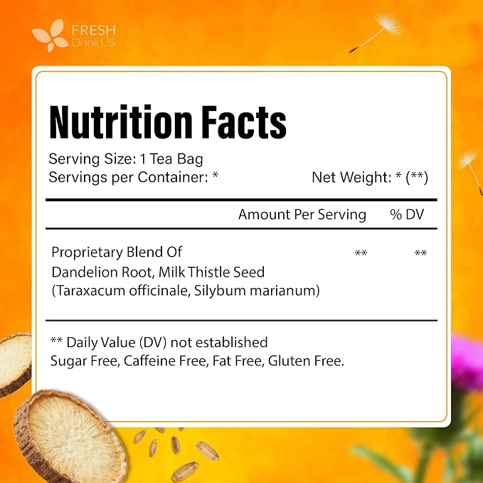 FreshDrinkUS, Premium Dandelion Milk Thistle Herbal Tea | 135 Tea Bags | Herbal Blend with Dandelion Root & Milk Thistle Seed – Clean Plant-Based Daily Tea, Naturally Caffeine Free. Sugar Free. Vegan