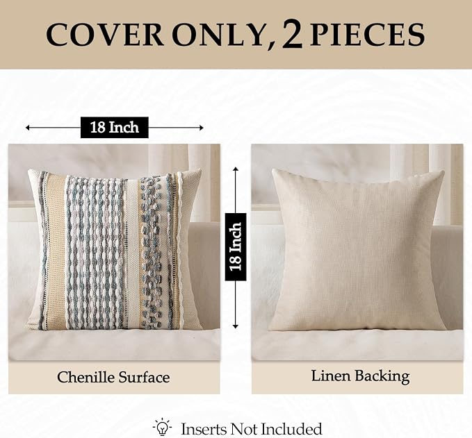 ANRODUO Boho Decorative Pillow Covers Gray Blue Stripe 20x20 Inch Pack of 2 | Throw Pillow Covers, Farmhouse Cushion Case, Chenille Pillow Cases, Pillow Covers, Accent Neutral Pillowcase for Couch Bed