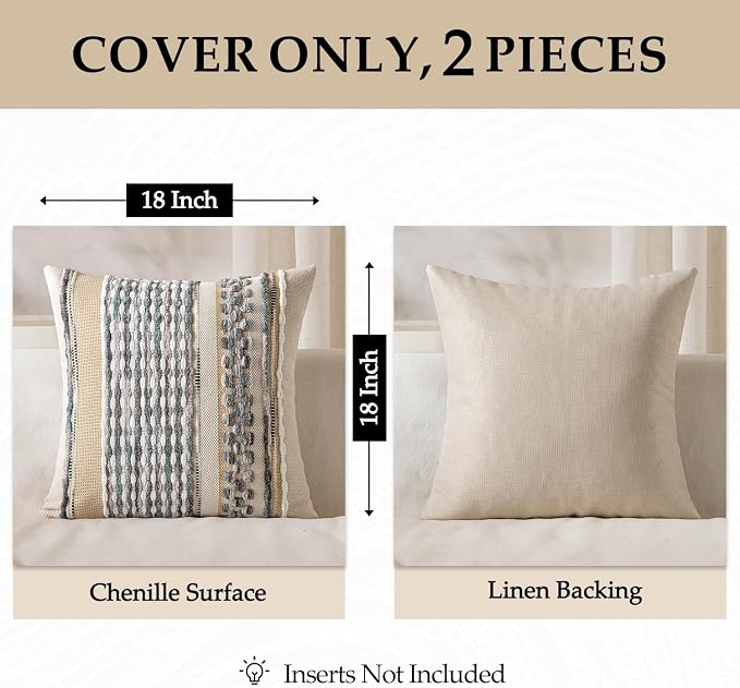 ANRODUO Boho Decorative Pillow Covers Gray Blue Stripe 18x18 Inch Pack of 2 | Throw Pillow Covers, Farmhouse Cushion Case, Chenille Pillow Cases, Pillow Covers, Accent Neutral Pillowcase for Couch Bed
